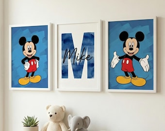 Juego de láminas decorativas personalizadas de Mickey Mouse para habitación infantil, con nombre personalizado (descarga digital).