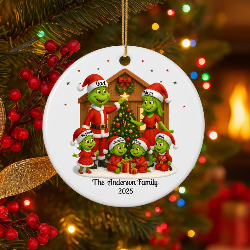 Personalized Grinch Family Christmas Ornament 2025: Xmas Grinch Family of 6 Keepsake Ceramic Ornament
