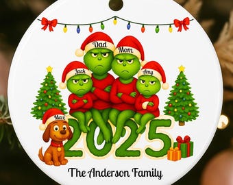 Christmas Grinch Family Of 4 Ornament 2025: Personalized Grinch Family of 4 With Pet Dog Ceramic Ornament