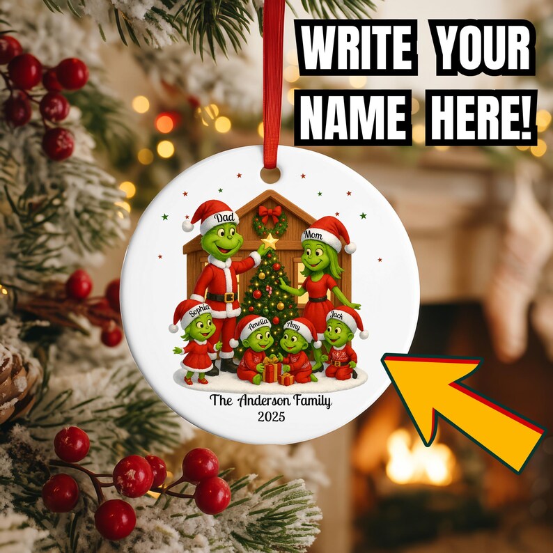 Personalized Grinch Family Christmas Ornament 2025: Xmas Grinch Family of 6 Keepsake Ceramic Ornament