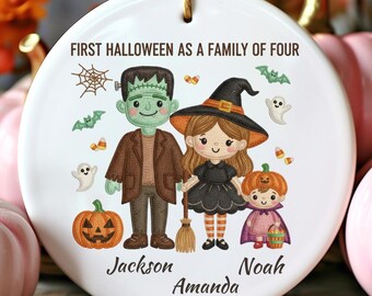 Personalized Family of Three Halloween Ornament: Custom Cute Frankenstein Family Ceramic Gift 3x3 inch