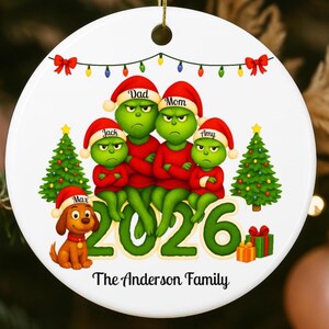 Christmas Grinch Family Of 4 Ornament 2026: Personalized Grinch Family of 4 With Pet Dog Ceramic Ornament