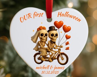 Personalized Skeleton Couple Halloween Heart Ornament: Custom Cute Bride and Groom Ceramic Gift 3x3 inch