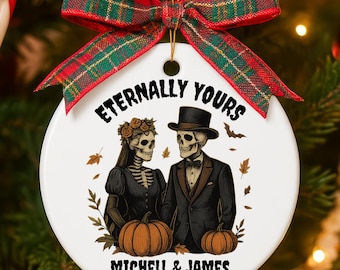 Personalized Ceramic Halloween Ornament: Custom Skeleton Couple Halloween Decor Wedding Gift