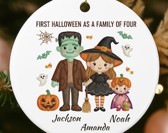 Personalized Vintage Halloween Spooky Family of 3 Ceramic Ornament Gift: Witch Family Ornament Gift