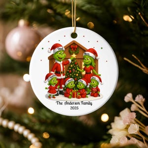Personalized Grinch Family Christmas Ornament 2025: Xmas Grinch Family of 6 Keepsake Ceramic Ornament