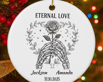 Personalized Eternal Love Skeleton Hands Ornament: Custom Gothic Couple Halloween Ceramic Gift 3x3 inch