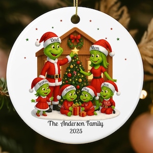 Personalized Grinch Family Christmas Ornament 2025: Xmas Grinch Family of 6 Keepsake Ceramic Ornament