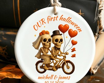 Personalized Skeleton Couple Halloween Ornament: Cute Bride and Groom Ceramic Keepsake Gift 3x3 inch