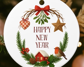 Happy New Year Christmas Ornament 2025: Customizable Holiday Gift for Friends & Family, Ceramic Ornament