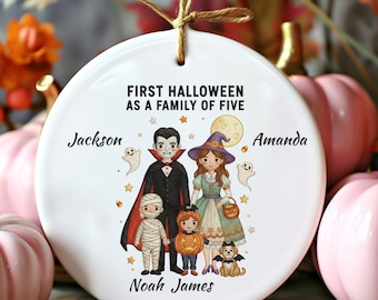 Personalized Halloween Party Family of 4 kids name Ornament Gift: Vintage Halloween Family Ornaments Gift