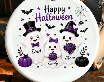 Personalized Halloween Family of 3 Ghost Ceramic Ornament Gift: Spooky Halloween Family Ornament Gift