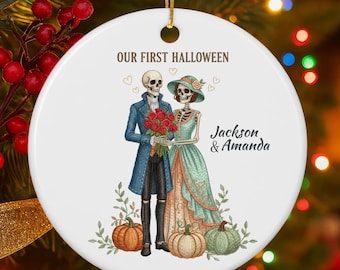 Personalized Skeleton Couple Ornament: Custom Our First Halloween Vintage Gothic Ceramic Gift 3x3 inch