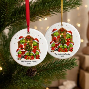 Personalized Grinch Family Christmas Ornament 2025: Xmas Grinch Family of 6 Keepsake Ceramic Ornament