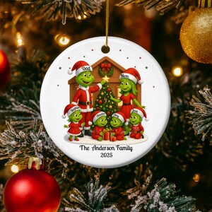 Personalized Grinch Family Christmas Ornament 2025: Xmas Grinch Family of 6 Keepsake Ceramic Ornament
