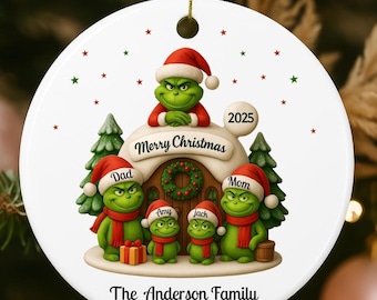 Personalized Family of Four Grinch Christmas Ceramic Ornaments 2025: Custom Grinch Family of 4 Ornaments