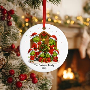 Personalized Grinch Family Christmas Ornament 2025: Xmas Grinch Family of 6 Keepsake Ceramic Ornament