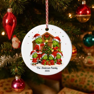 Personalized Grinch Family Christmas Ornament 2025: Xmas Grinch Family of 6 Keepsake Ceramic Ornament