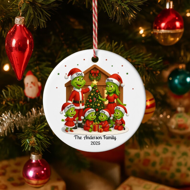 Personalized Grinch Family Christmas Ornament 2025: Xmas Grinch Family of 6 Keepsake Ceramic Ornament