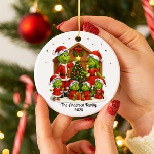 Personalized Grinch Family Christmas Ornament 2025: Xmas Grinch Family of 6 Keepsake Ceramic Ornament