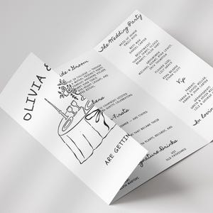 Könnte beinhalten: Ein gefaltetes Hochzeitsprogramm mit schwarzem Text und Illustrationen auf weißem Papier. Das Programm enthält die Namen der Hochzeitsgesellschaft, der VIPs und derer, die in liebevoller Erinnerung sind. Das Cover zeigt die Namen "Olivia & Groom".