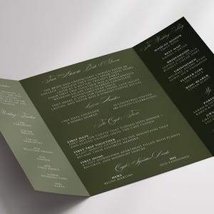 Minimalistiskt bröllopsprogram Canva-mall Gatefold-infografikbroschyr Modern tidslinje för ceremoni Trebladig utskrivbar Redigerbar Bifold W001