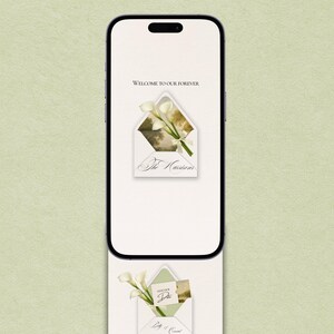 May include: A smartphone displays a wedding invitation design with the text "Welcome to our forever" and "The Harrisons." Below, a card with calla lilies and a photo are displayed. The design features a soft, neutral color palette.