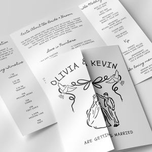 Könnte beinhalten: Eine weiße Hochzeitseinladungssuite mit schwarzem Text und Illustrationen. Die Haupteinladung zeigt die Namen "Olivia & Kevin" mit einer Zeichnung eines Paares und Tauben. Weitere Karten enthalten Hochzeitsdetails.
