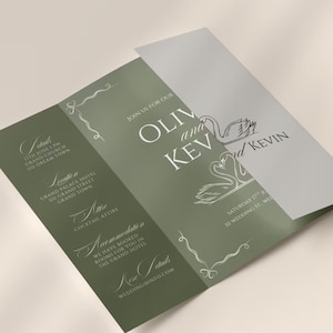 May include: A tri-fold wedding invitation in green and grey. The invitation features elegant script and swan illustrations. Text includes names, date, location, and other wedding details.