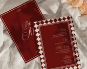 Old Money Burgundy Wedding Menu Template Printable Checkered Vintage Dinner Card Canva Elegant Retro Reception Minimal Table Sign diy S001