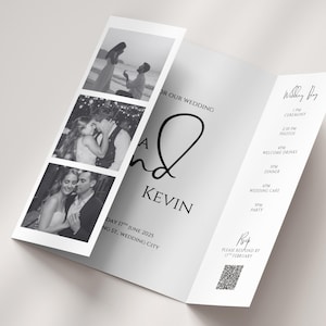May include: A tri-fold wedding invitation with black and white photos and text. The invitation includes the names "A & Kevin", the date "June 17th, 2025", and a wedding day itinerary. A QR code is also included.