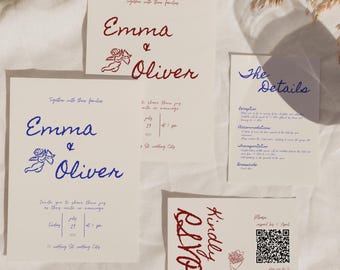 Set di inviti di nozze stravaganti, scarabocchi italiani disegnati a mano, suite di inviti di nozze, elegante modello di carta RSVP Canva, cancelleria modificabile W007