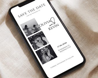May include: A smartphone displays a digital wedding invitation. The design features the text "SAVE THE DATE" and the names "Olivia and Kevin." Three black and white photos are included. The date is June 17, 2026, with a wedding address.