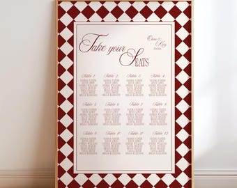 Burgundy Wedding Seating Chart Template Printable diy Board Elegant Checkered Old Money Style Table Plan Vintage Luxury Reception Sign S001