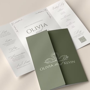 May include: A wedding invitation suite featuring a tri-fold invitation in olive green and white. The front of the invitation displays the names "Olivia and Kevin" with a swan illustration. Additional cards include wedding details.