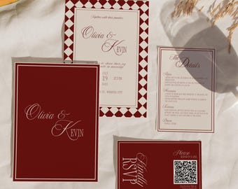 May include: A collection of burgundy and cream wedding stationery. The invitation suite includes an invitation, details card, RSVP card, and a card with a QR code. The invitation features the names "Olivia & Kevin".