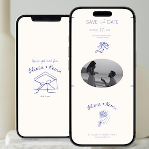 May include: Two smartphones displaying a wedding invitation. The left phone shows an envelope graphic with the text "You've got mail from Olivia & Kevin." The right phone displays "Save the Date" with a photo of a proposal and the names "Olivia & Kevin."
