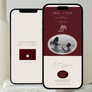 Op de afbeelding: Twee smartphones tonen een huwelijksuitnodiging. Eén toont een bordeauxrode envelop met een gouden zegel en de tekst "You've got mail from Olivia & Kevin." De andere toont een "Save the Date"-aankondiging met een aanzoekfoto.