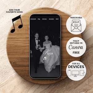 Könnte beinhalten: Ein Smartphone zeigt eine Hochzeitseinladung mit den Namen "Olivia & Kevin". Das Telefon liegt auf einem Holzbrett, mit Symbolen für RSVP, Canva-Bearbeitung und Gerätekompatibilität. Text: "Füge Deinen Lieblingssong hinzu".