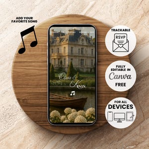 Könnte beinhalten: Ein Smartphone zeigt eine Hochzeitseinladung mit einem Schloss und einem Boot auf dem Wasser. Der Text "Olivia & Kevin" und eine Musiknote sind zu sehen. Kreisförmige Symbole weisen auf RSVP und Canva-Bearbeitung hin.