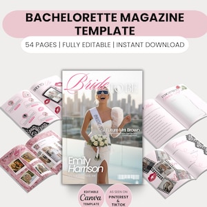 Könnte beinhalten: Eine Vorlage für ein Junggesellinnenabschied-Magazin mit dem Text "Bachelorette Magazine Template". Das Cover des Magazins zeigt eine Braut mit Sonnenbrille und einem Band mit der Aufschrift "Bride-to-be".