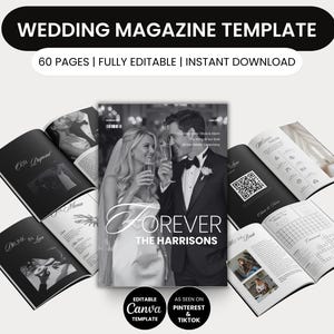 Plantilla de revista de bodas (programa Canva, editable, 60 páginas, folleto de boda, periódico para invitados, recuerdo, tamaño carta A4, diseño de línea de tiempo moderno, M001)