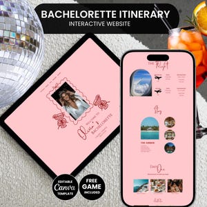 May include: A pink bachelorette itinerary displayed on a tablet and a smartphone. The tablet shows a photo of a woman and the text "Welcome to Olivia & Bachelorette". The smartphone displays flight and hotel details. The text "Editable Canva Template" and "Free Game Included" are also visible.