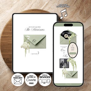 Könnte beinhalten: Digitale Hochzeitseinladung auf einem Tablet und Smartphone. Das Design zeigt einen salbeigrünen Umschlag mit floralen Akzenten, den Text "You've Got Mail From The Harrisons" und die Option, einen Lieblingssong hinzuzufügen.
