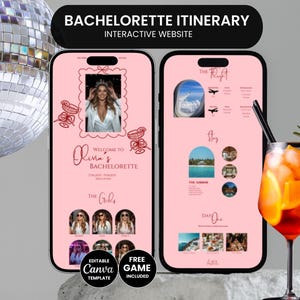 Könnte beinhalten: Zwei Smartphones zeigen eine rosa Junggesellinnenabschieds-Reiseroute. Der erste Bildschirm zeigt ein Foto und den Text "Willkommen bei Livias Junggesellinnenabschied". Der zweite Bildschirm zeigt Flug- und Aufenthaltsdetails. Kostenloses Spiel und bearbeitbare Canva-Vorlage enthalten.