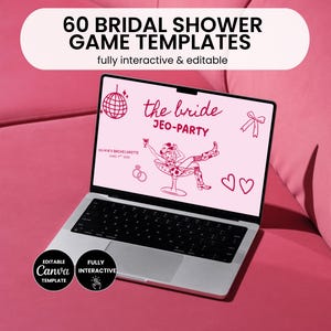 Könnte beinhalten: Ein Laptop zeigt eine Vorlage für ein Brautspiel mit dem Text "60 Bridal Shower Game Templates" und "the bride JEO-PARTY". Der Bildschirm zeigt eine rosa Illustration einer Frau in einem Cocktailglas. Der Laptop befindet sich auf einer rosa Oberfläche.
