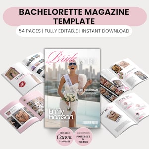 Może przedstawiać: Szablon magazynu wieczoru panieńskiego z napisem "Bride To Be" na okładce. Magazyn zawiera zdjęcie kobiety w białej sukience i okularach przeciwsłonecznych. Magazyn jest w pełni edytowalny i dostępny do natychmiastowego pobrania.