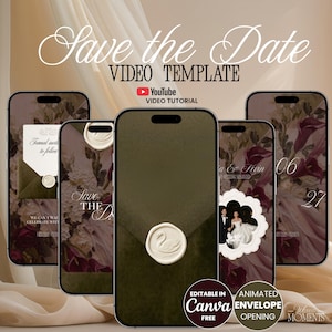 Könnte beinhalten: Eine digitale Save the Date Videovorlage auf fünf Smartphones. Die Bildschirme zeigen dunkelgrüne Umschläge mit weißen Schwan-Wachssiegeln, Blumenhintergründen und Hochzeitsfotos. Der Text umfasst Save the Date, Video Template und YouTube Video Tutorial.