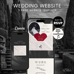 Könnte beinhalten: Eine dreiseitige Hochzeits-Website-Vorlage auf zwei Smartphones. Die Bildschirme zeigen eine digitale Einladung mit einem weißen Umschlag, einem roten Herz, einem Countdown-Timer und dem Text "Wedding Website", "Built in RSVP".