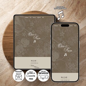 Könnte beinhalten: Eine digitale Hochzeitseinladung, die auf einem Tablet und Smartphone angezeigt wird. Das Design zeigt ein Blumenmuster in Braun- und Weißtönen mit den Namen "Olivia & Kevin" und dem Text "Save the Date". Enthält Symbole für RSVP, Canva und Gerätekompatibilität.